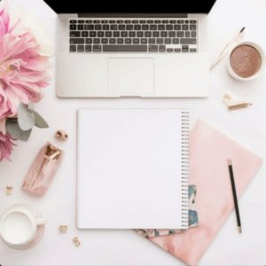 laptop, pink notebook, working, pen