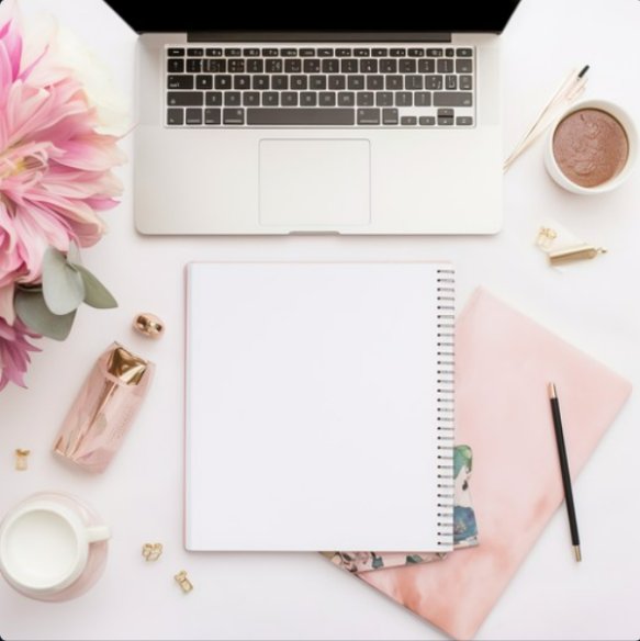 laptop, pink notebook, working, pen, interest