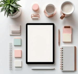 tablet with sticky notes around it