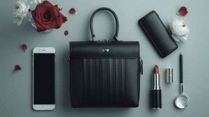 black handbag, lipstick, working woman accessories, cellphone