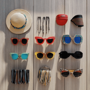 trendy, beachwear, fashion, sunglasses, hat, accessories