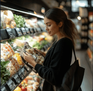woman with a black bag, supermarket, fresh produce