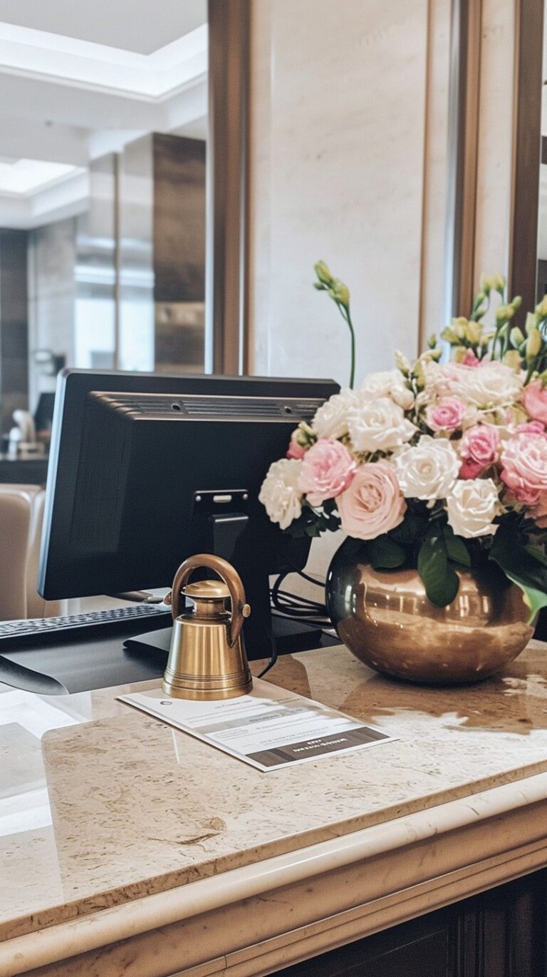 desk, elegant, business, woman, flowers, screen, computer, money